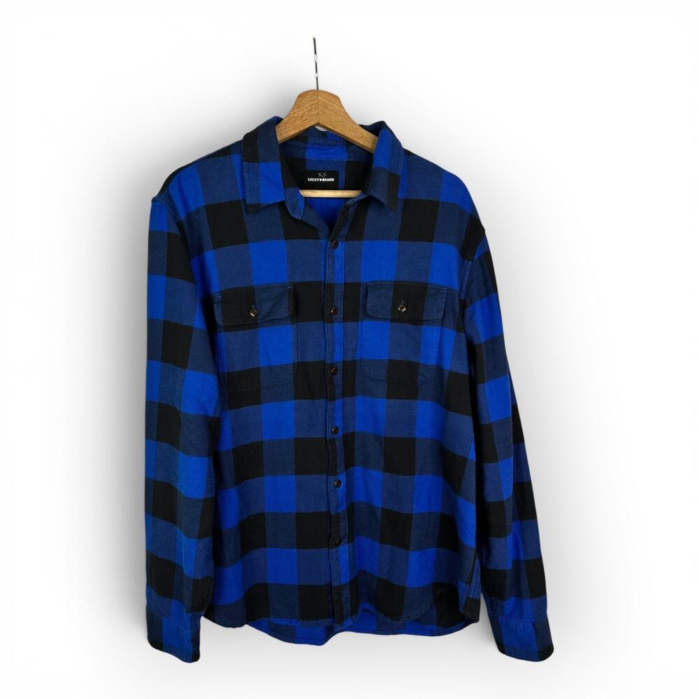 Lucky Brand Mens Blue Black Plaid Button Up Long Sleeve Flannel Shirt Size Large